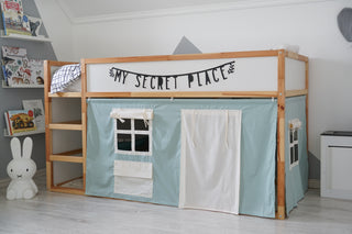 IKEA KURA Bunk Bed Curtains - Two-Tone Cotton with Roll-Up Door and Window Pocket