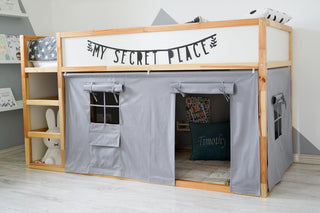KURA Bunk Bed Curtains - Gray Cotton with Door and Window Pocket