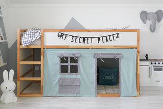 KURA Bunk Bed Curtains - Mint and Gray Two-Tone Cotton with Window Pocket