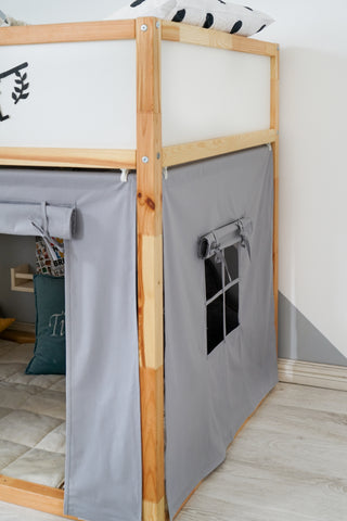 KURA Bunk Bed Curtains - Gray Cotton with Door and Window Pocket