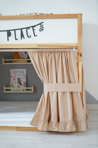 KURA Bed Curtains with Ruffle Hem - Camel Cotton for Shared Bedrooms