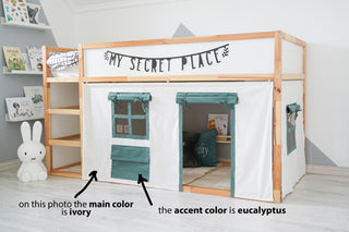 IKEA KURA Bunk Bed Curtains - Ivory and Eucalyptus Cotton with Window Pocket